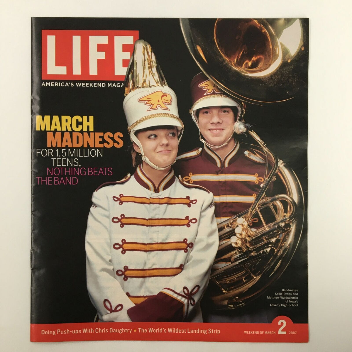 Cover of Life Magazine Newspaper Insert titled 'March Madness Bandmates' from March 2, 2007, featuring two band members in uniforms, highlighting sports and pop culture memories.