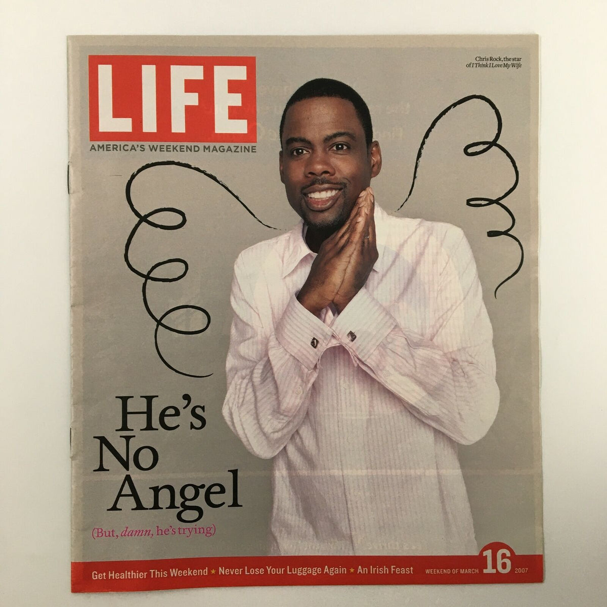 Life Magazine Insert featuring Chris Rock from March 16, 2007, with the headline 'He's No Angel (But, damn, he's trying)' showcasing the comedian's unique charm and humor.
