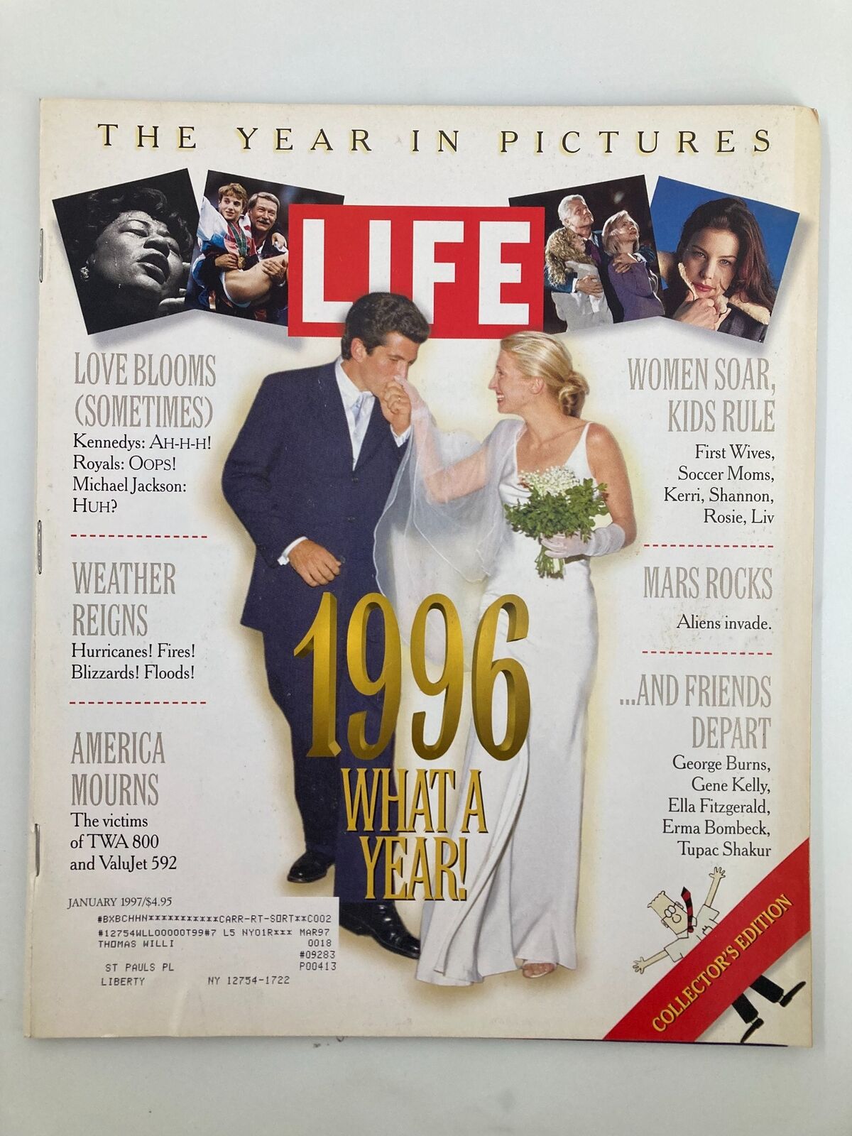 Cover of Life Magazine January 1997, featuring the title 'Woman Soar, Kids Rule, Mars Rocks & Friends Depart'. The cover highlights iconic moments from 1996 including themes of love, weather events, and notable figures.
