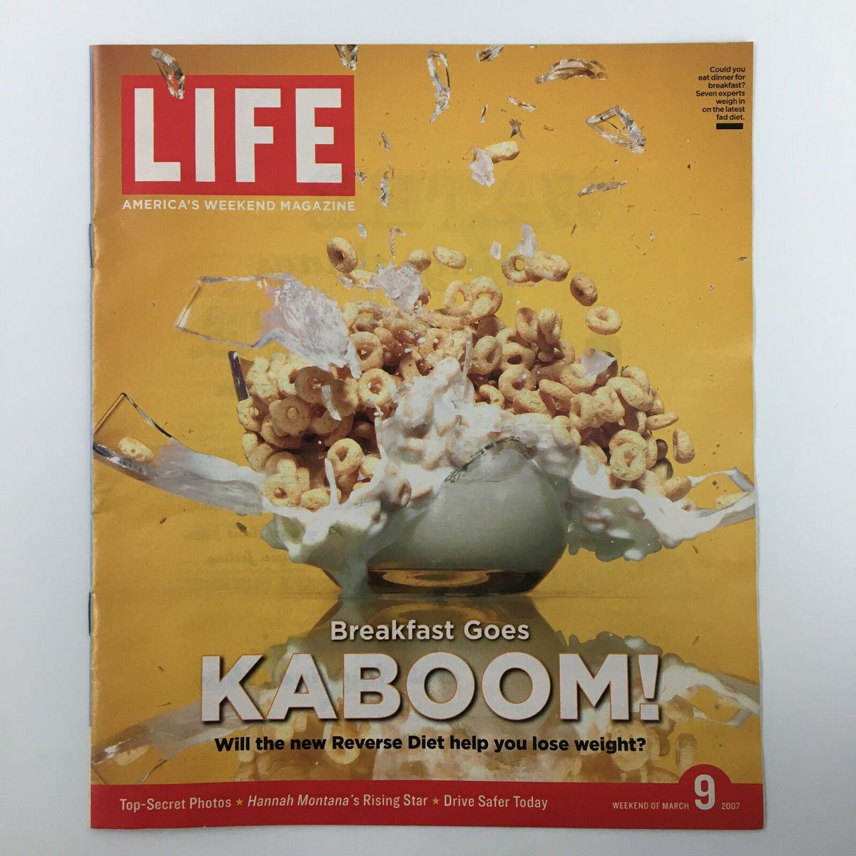 Life Magazine Insert: Breakfast Goes Kaboom featuring a dynamic splash of cereal and milk, showcasing the colorful and vibrant theme of breakfast, published on March 9, 2007.