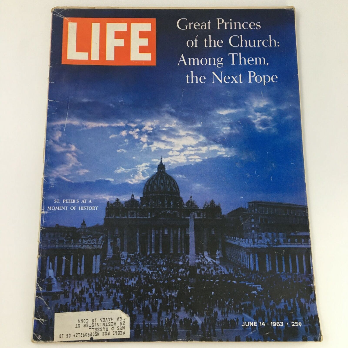 VTG Life Magazine June 14 1963 cover featuring St. Peters at a Moment of History, showcasing the iconic architecture of St. Peter's Basilica and the surrounding crowd, capturing a significant historical moment.