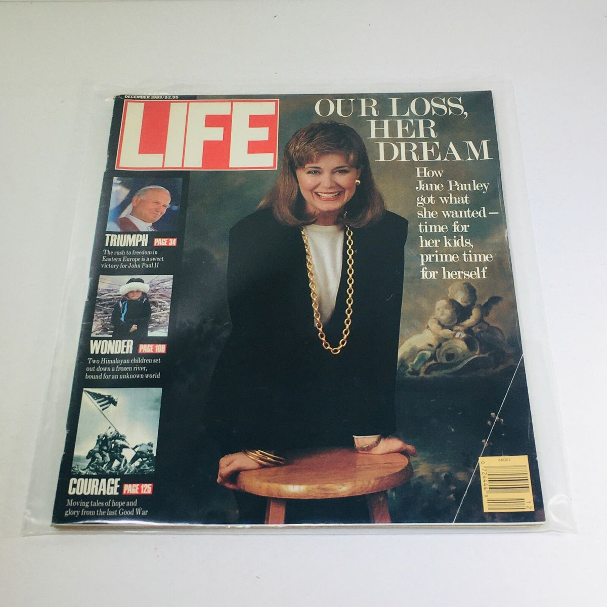 Vintage Life Magazine cover from December 1989 featuring Jane Pauley, with a headline about her personal journey, surrounded by stories of Triumph, Wonder, and Courage.