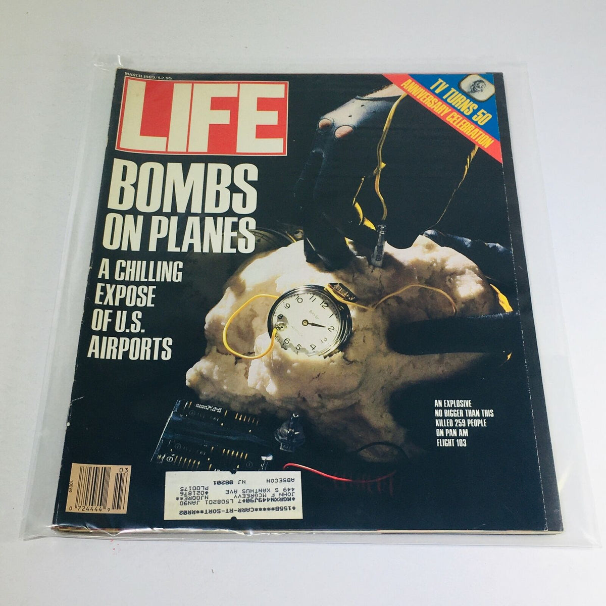 Cover of VTG Life Magazine from March 1989 featuring the title 'Bombs on Planes: A Chilling Expose of U.S. Airports', illustrating a dramatic portrayal of airport security issues with images suggesting bomb threats.