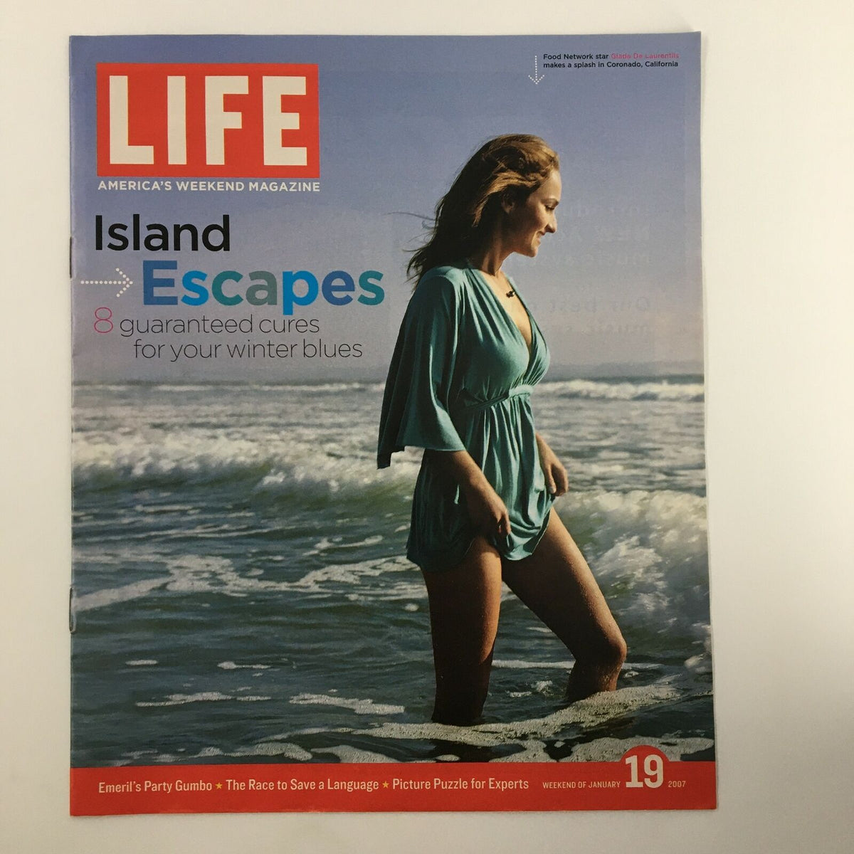 Cover of Life Magazine featuring Giada De Laurentiis, dated January 19, 2007, showcasing the theme 'Island Escapes' with a serene beach background.