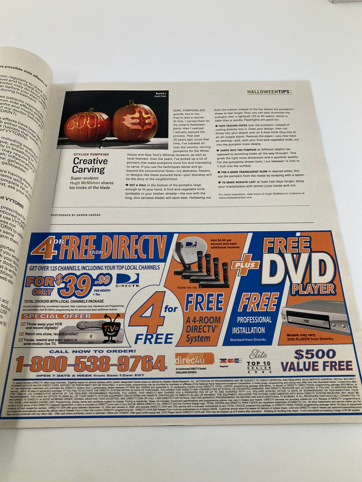 Inside page of Life Magazine with Halloween tips and an advertisement for a DirecTV promotion, part of the collection featuring the Maserati Quattroporte insert.
