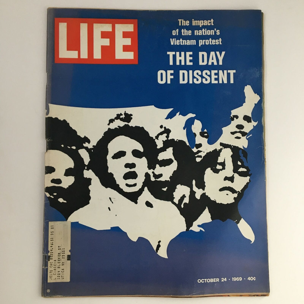 Cover of Life Magazine from October 24, 1969, featuring the title 'The Day of Dissent' focusing on the impact of the nation's Vietnam protest.