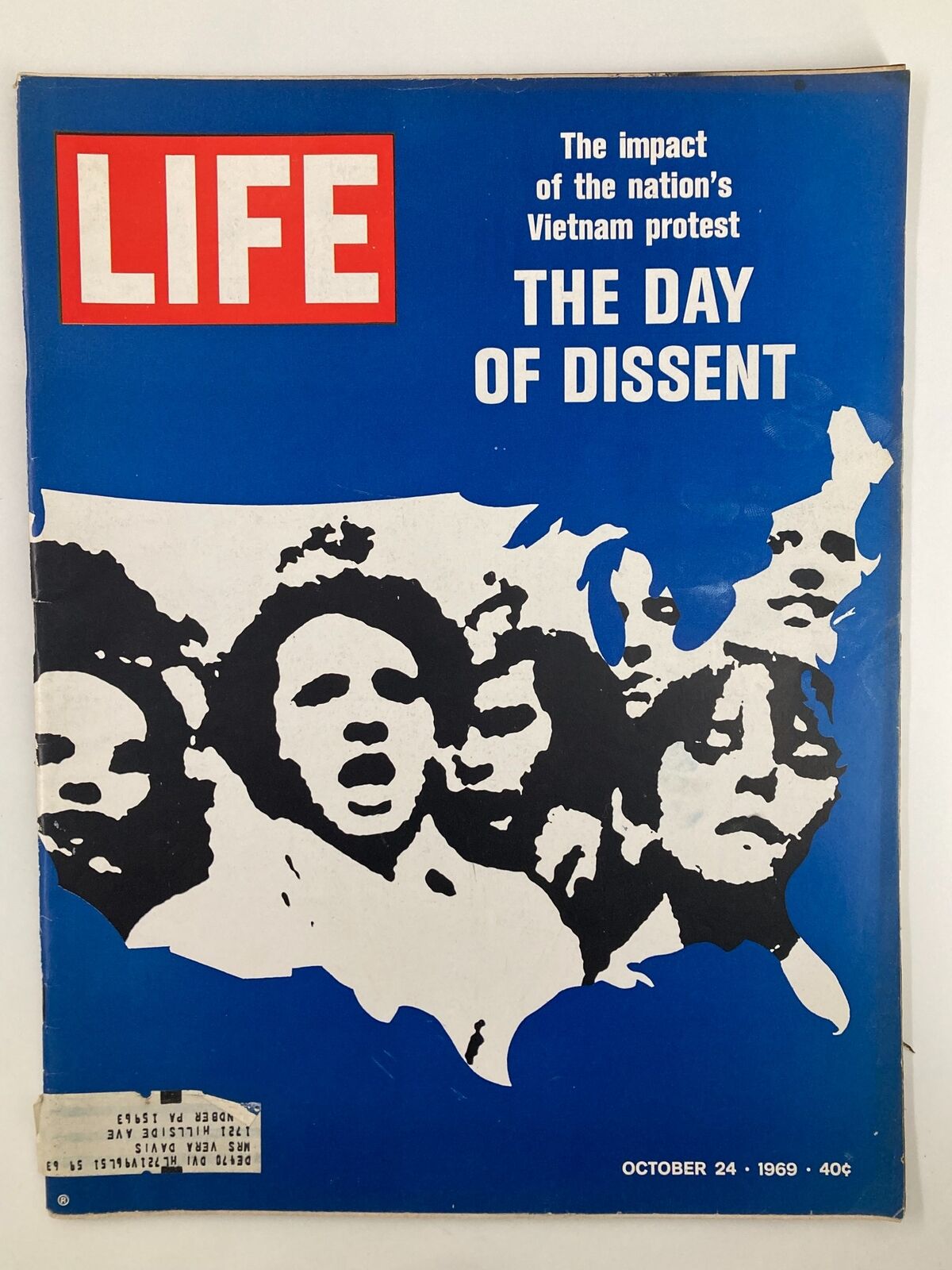 Cover of VTG Life Magazine from October 24, 1969, featuring the headline 'The Day of Dissent' with a bold blue background and images of protesters symbolizing the Vietnam War protests.