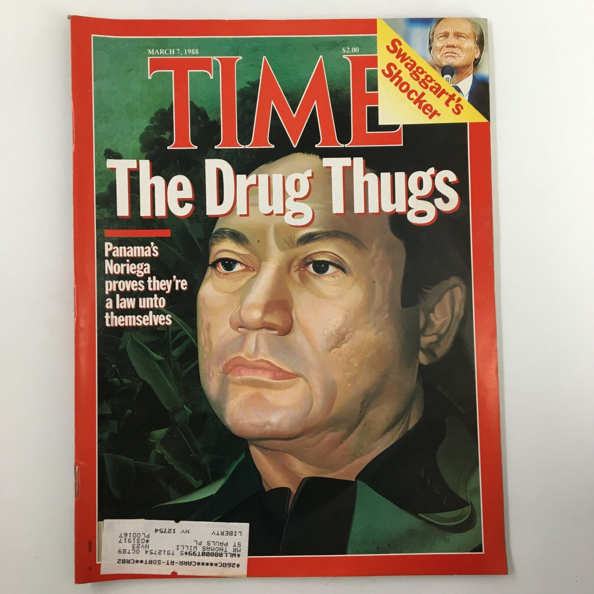 Cover of the VTG Time Magazine from March 7, 1988, featuring a portrait of Panama's Manuel Antonio Noriega with the headline 'The Drug Thugs' highlighting his controversial role in the drug trafficking crisis.
