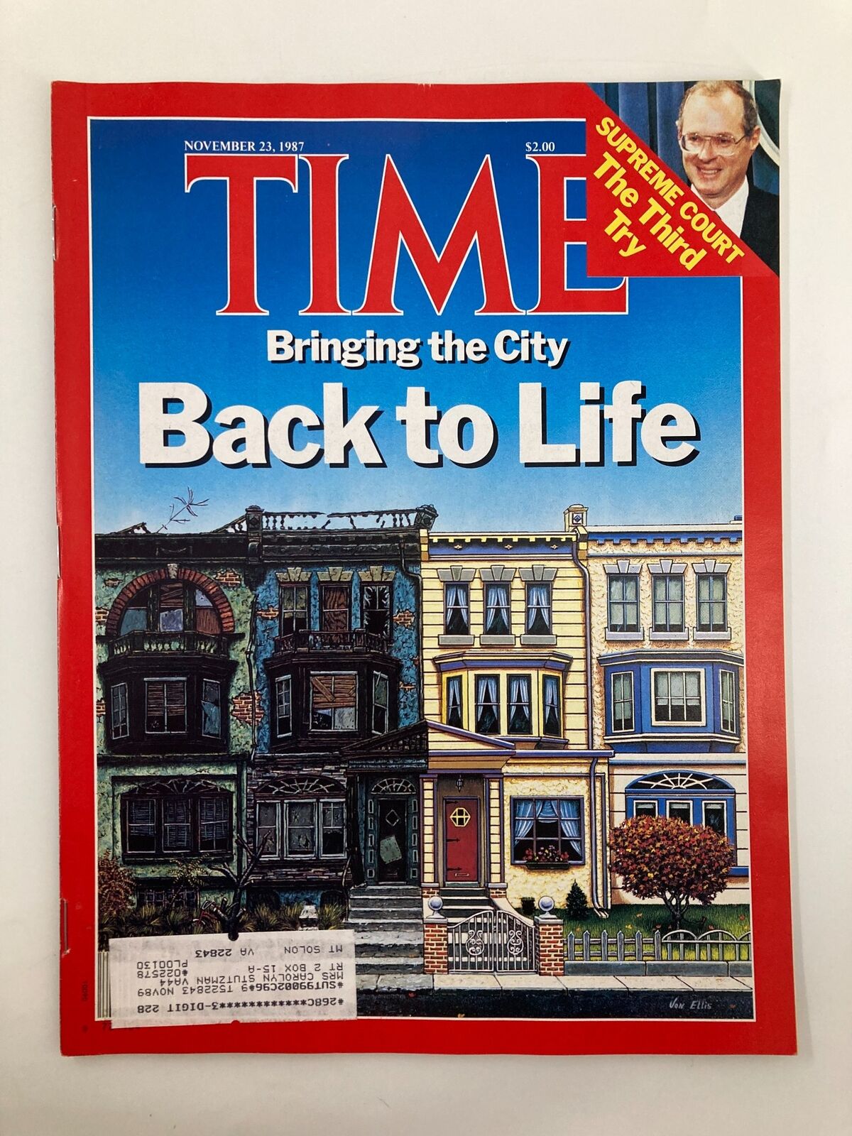 VTG Time Magazine from November 23, 1987, featuring the cover title 'Bringing the City Back to Life', showcasing an illustration of colorful urban architecture.