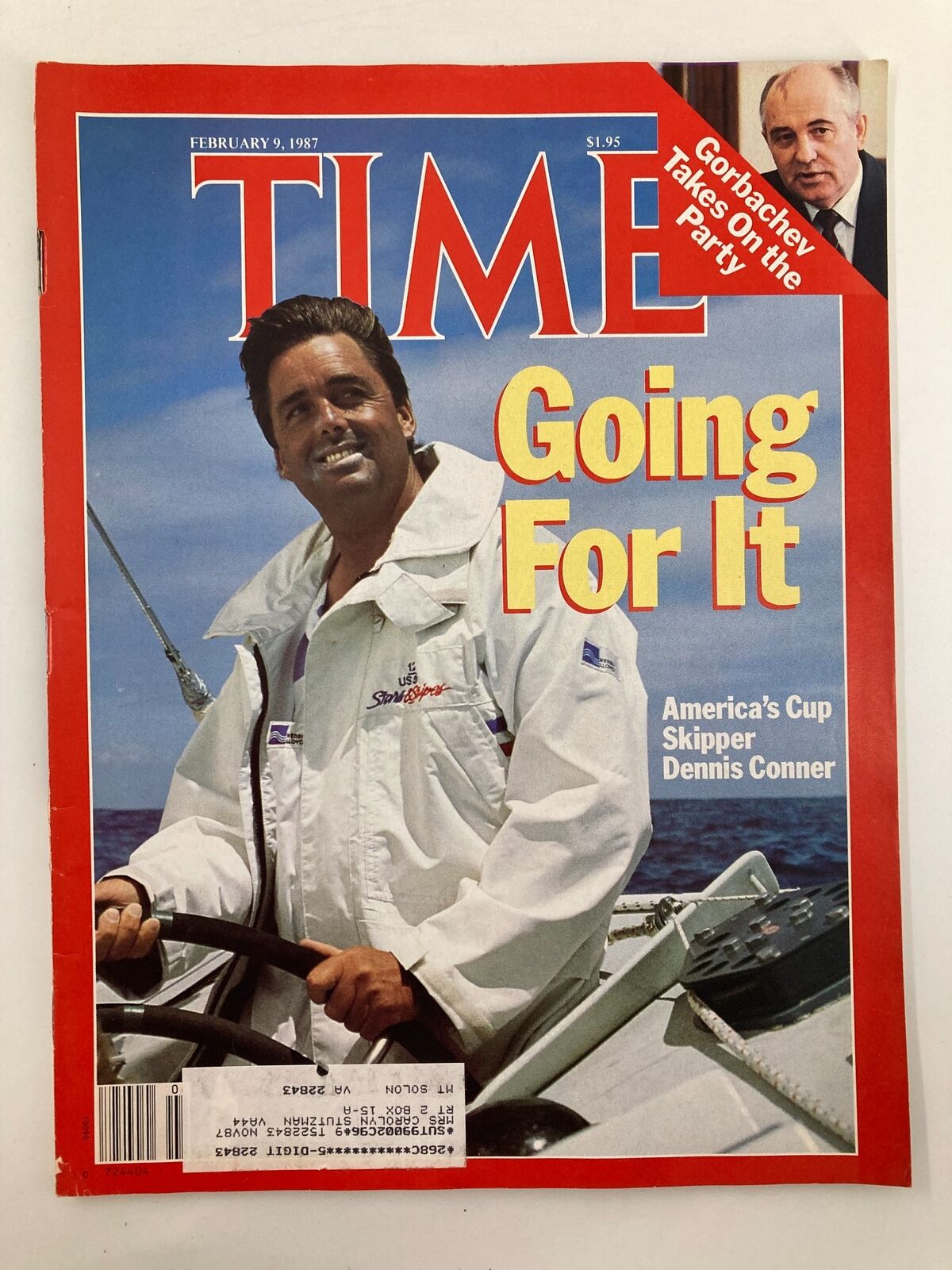 Vintage Time Magazine February 9, 1987 featuring America's Cup Skipper Dennis Conner on the cover, showcasing a moment in sailing history.