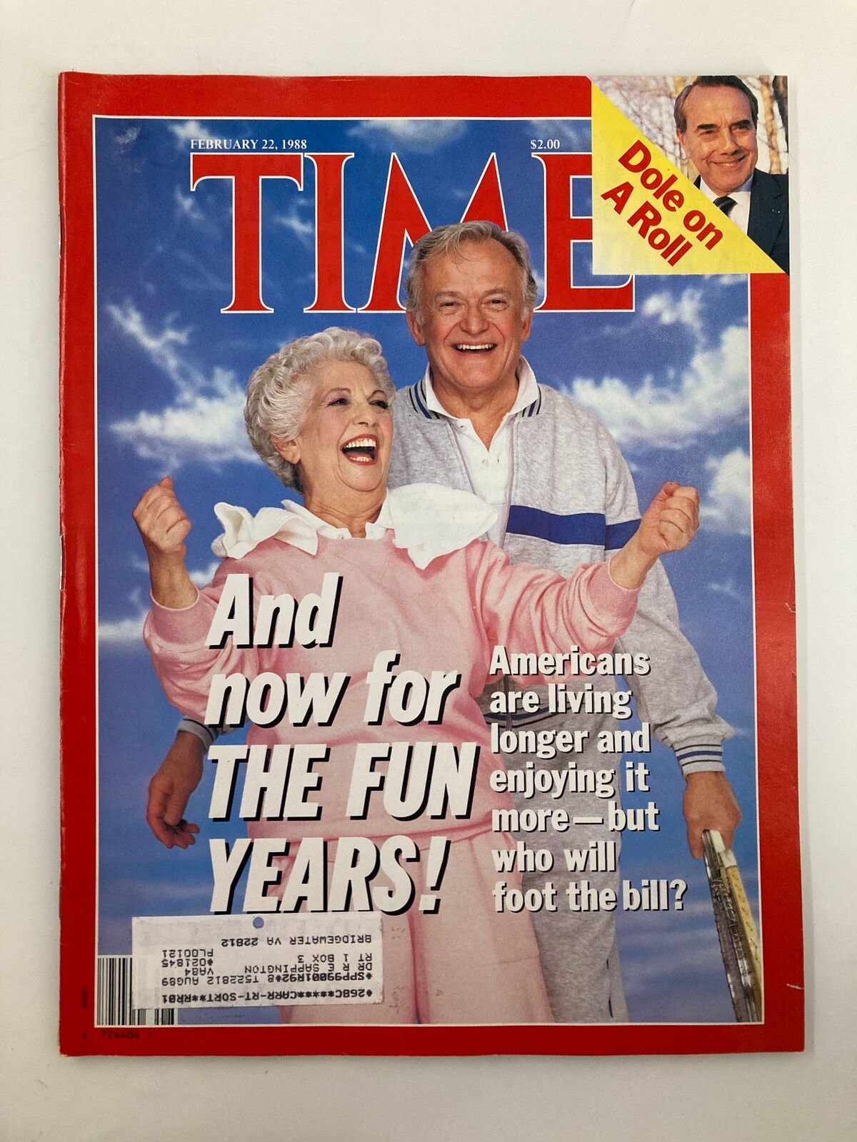 Cover of VTG Time Magazine February 22, 1988, featuring a happy couple enjoying life with the headline 'And now for THE FUN YEARS! Americans are living longer and enjoying it more – but who will foot the bill?'