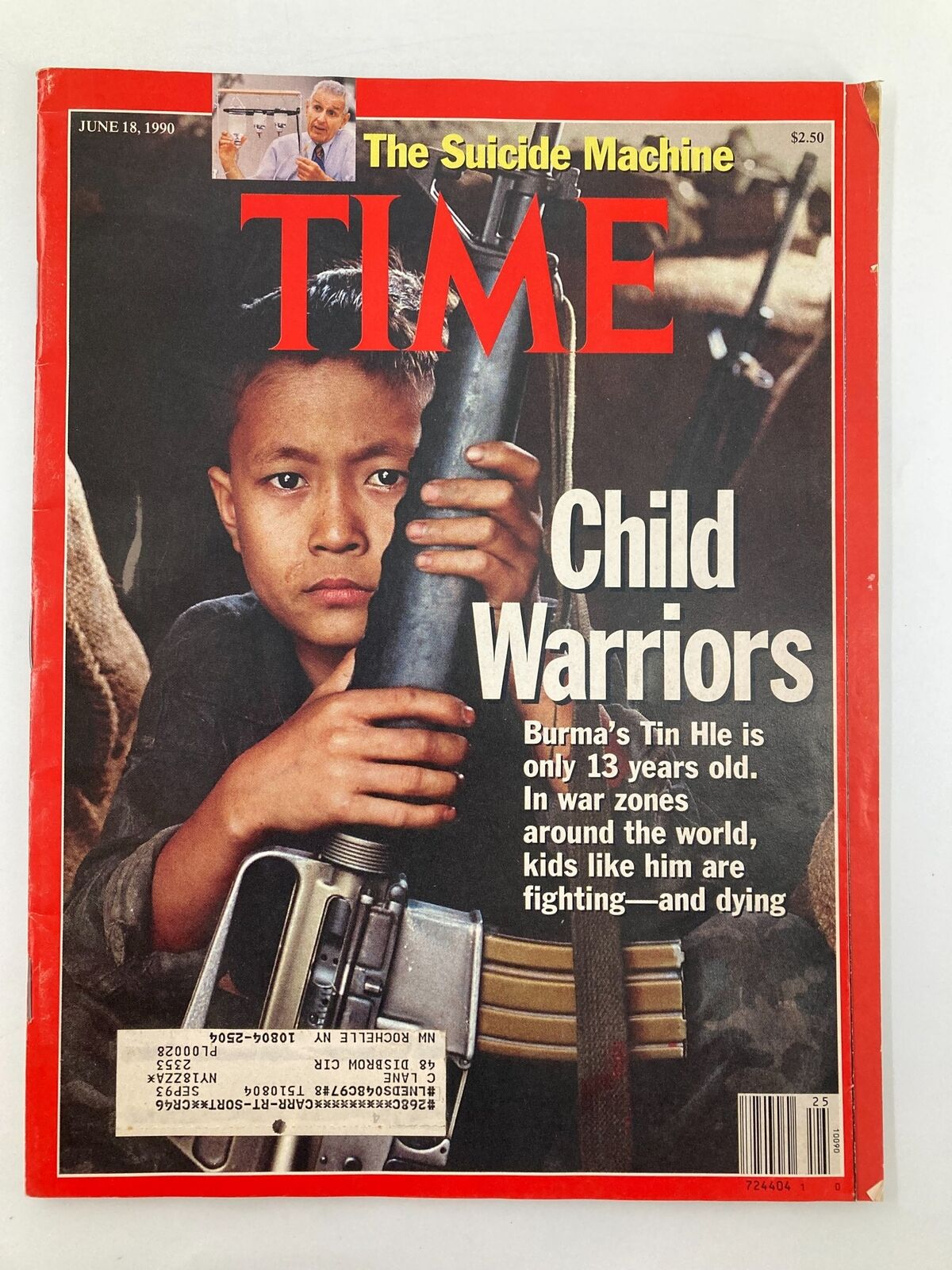 Cover of VTG Time Magazine from June 18, 1990, featuring the title 'Child Warriors: Burma's Tin Hle in War Zones', depicting a young boy holding a firearm, symbolizing the challenges faced by child soldiers in conflict.
