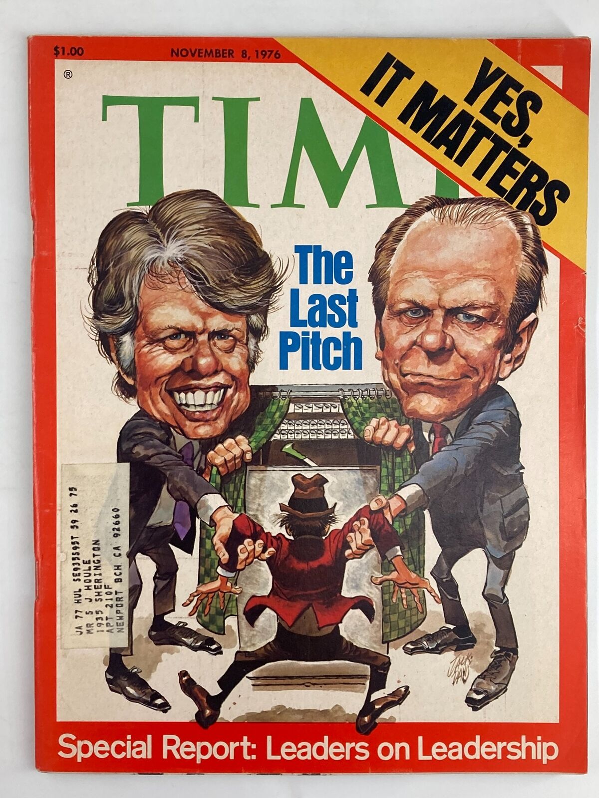 VTG Time Magazine November 8 1976 cover featuring the title 'The Last Pitch', depicting caricatures of presidential candidates Jimmy Carter and Gerald Ford, illustrating the 1976 election drama.