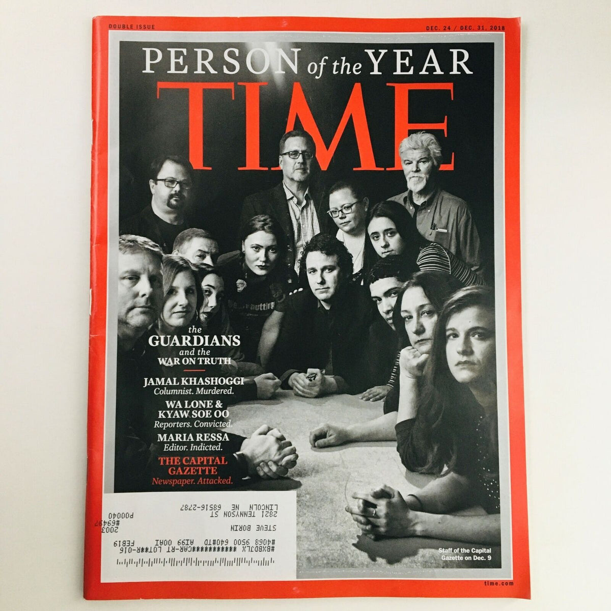 Time Magazine December 24 2017 featuring the Staff of the Capital Gazette on the cover, highlighting their role in journalism and commemorating their resilience in the face of adversity.
