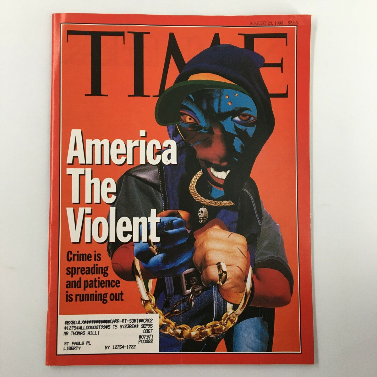 Cover of Time Magazine from August 23, 1993, titled 'America The Violent' addressing the rising violent crime rates, featuring striking artwork and an impactful message.