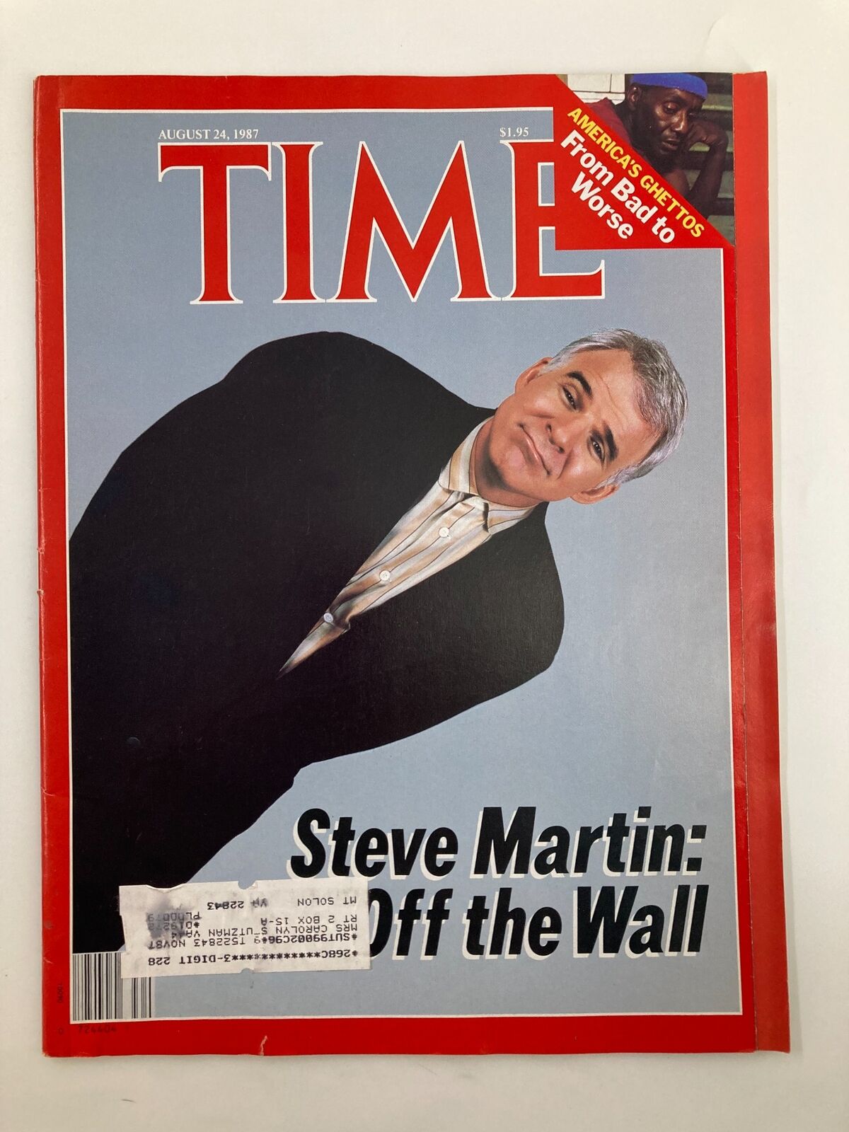 VTG Time Magazine August 24 1987 featuring Steve Martin on the cover with the headline 'Off the Wall', showcasing a vibrant and nostalgic design.