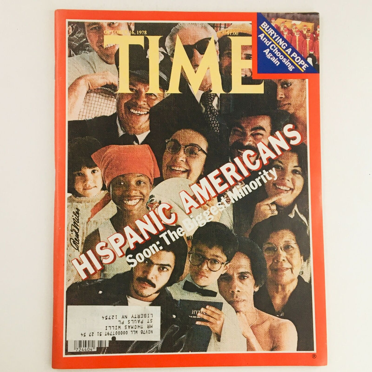 Time Magazine cover from October 16, 1978, featuring Hispanic Americans, highlighting them as the biggest minority. Vintage cultural representation with diverse individuals smiling and engaging.