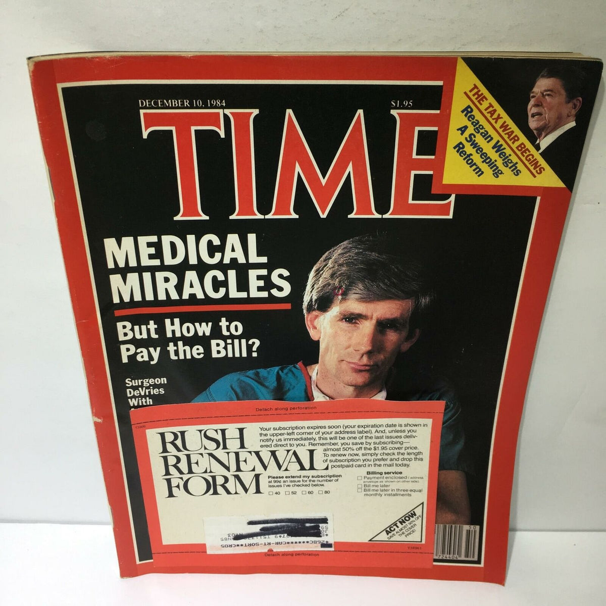 Cover of Time Magazine dated December 10, 1984, featuring the title 'Medical Miracles' and a depiction of Surgeon DeVries related to the artificial heart topic.
