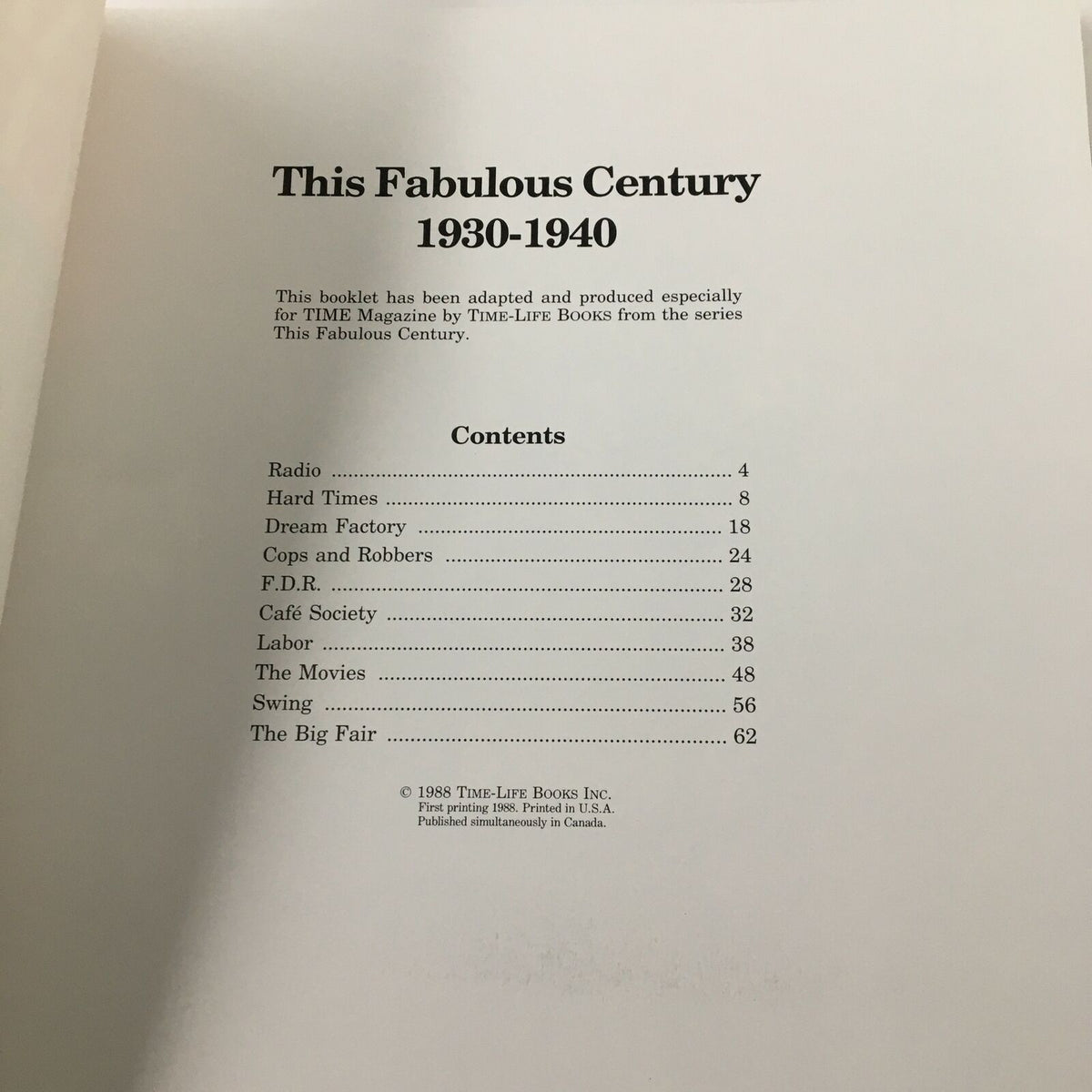 Table of Contents page from 1988 Time Life Books: The Fabulous Century - Barbara Hutton, outlining the topics covered including Radio, Hard Times, F.D.R., and more.