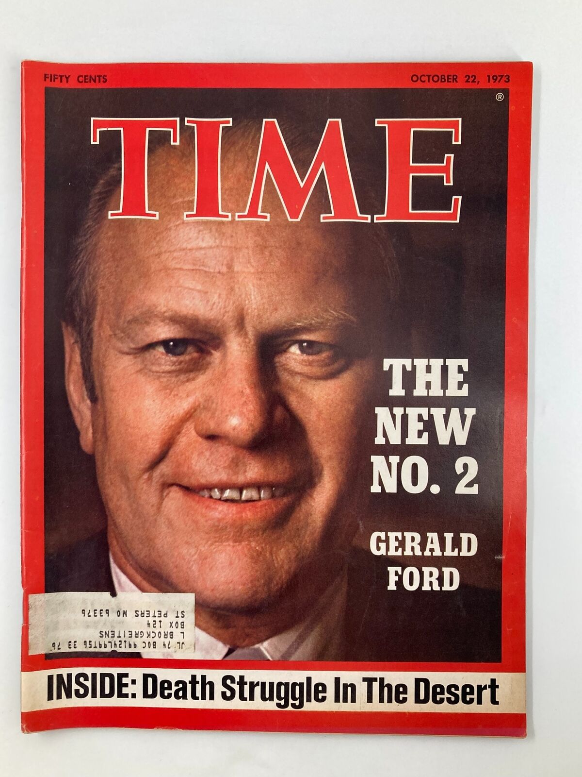 Cover of the vintage Time Magazine from October 22, 1973 featuring Gerald Ford, titled 'The New No. 2'. The magazine highlights political events of the early 1970s.