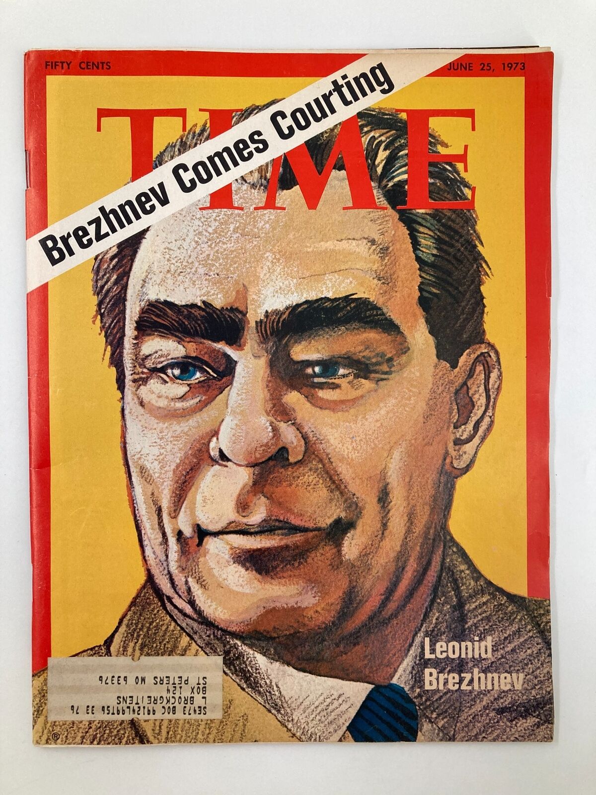 Cover of the VTG Time Magazine dated June 25, 1973, featuring an illustration of Leonid Brezhnev with the headline 'Brezhnev Comes Courting'. This vintage magazine offers insight into Cold War politics.