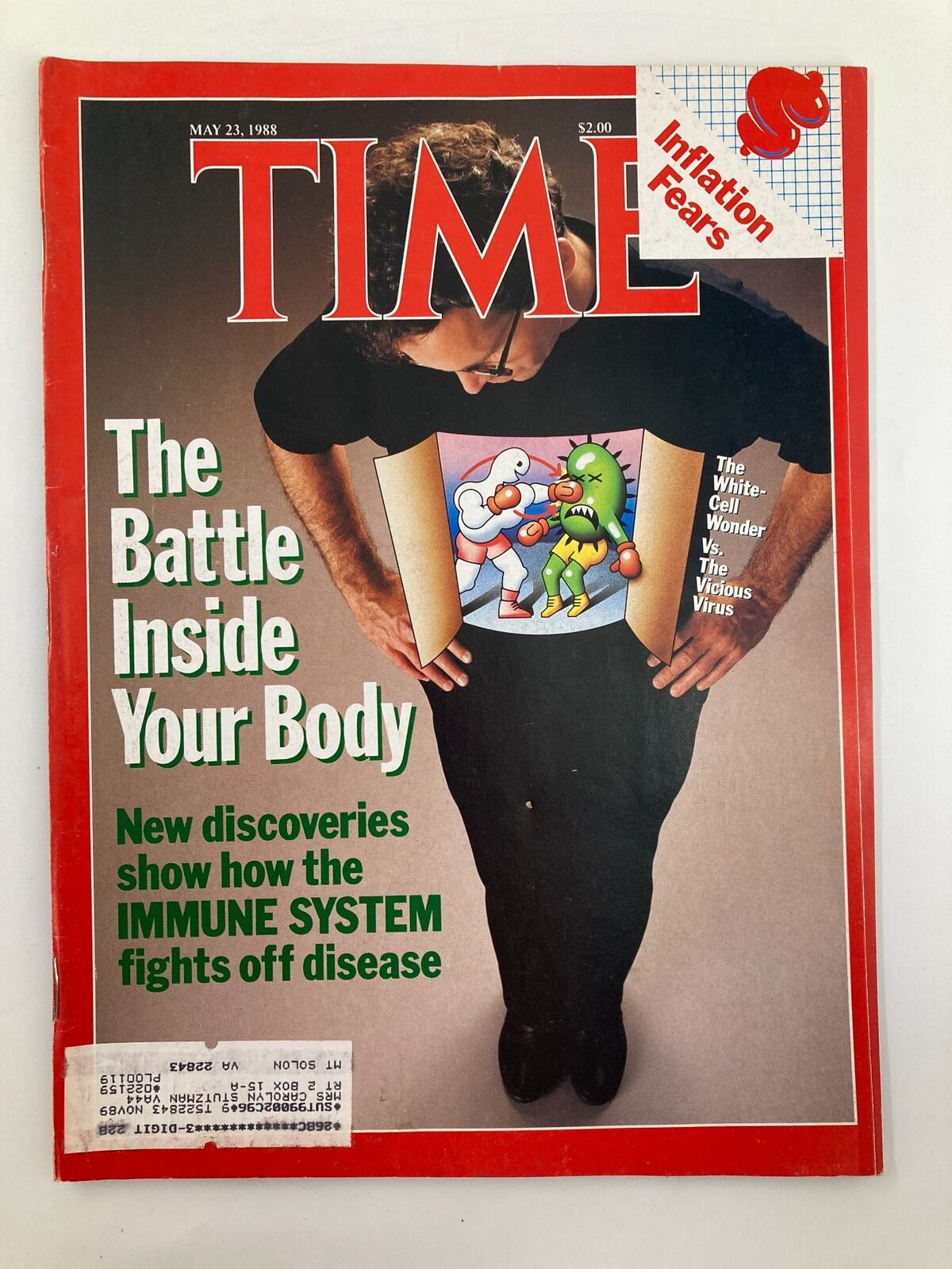Cover of VTG Time Magazine from May 23, 1988, titled 'The Battle Inside Your Body.' Features a person looking down at a cartoon illustration depicting a boxing match between a white blood cell and a green virus, symbolizing the immune system's fight against disease.