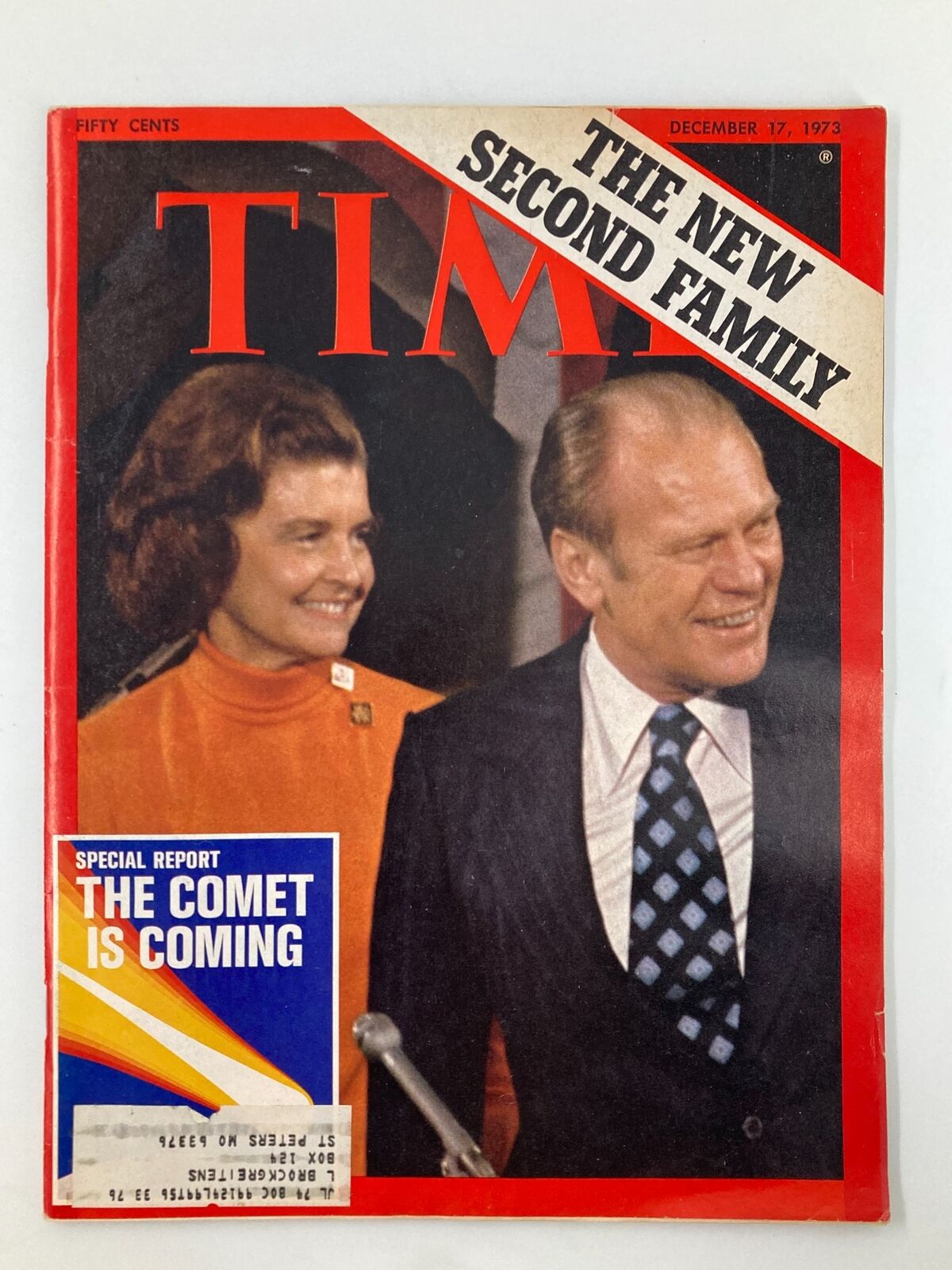Vintage Time Magazine dated December 17, 1973, featuring Gerald Ford on the cover with the title 'The New Second Family'. The magazine includes a special report titled 'The Comet is Coming' and showcases Gerald Ford alongside a woman in an orange outfit.
