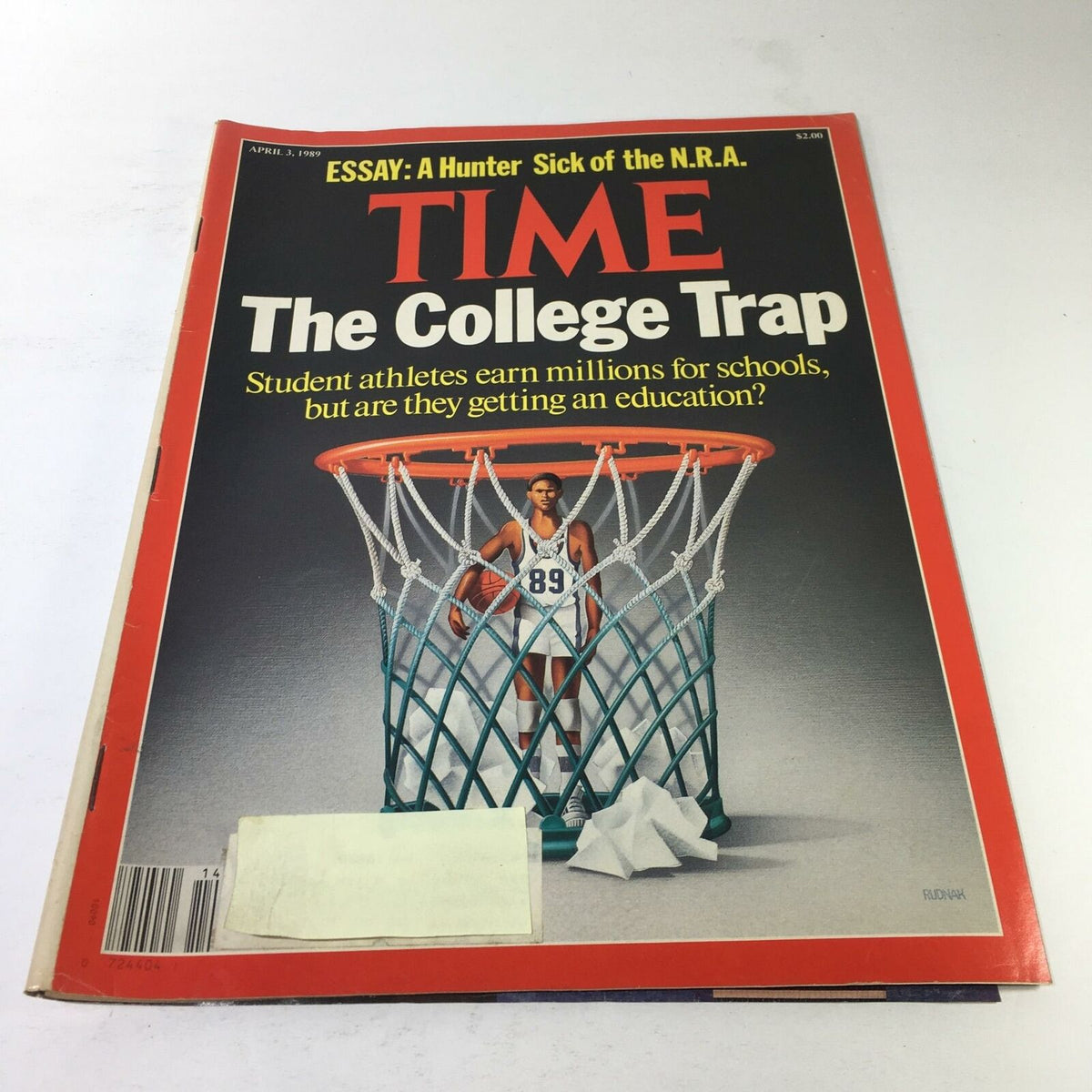 Time Magazine April 3 1989 cover featuring the article 'The College Trap,' depicting a student athlete standing in a basketball hoop, illustrating the challenges faced by student athletes in higher education.