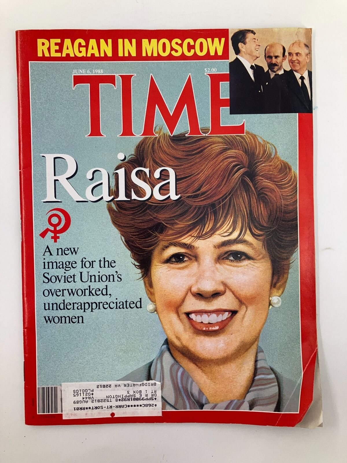 Cover of VTG Time Magazine from June 6, 1988 featuring Raisa Gorbachev, highlighting her image as a prominent figure in the Soviet Union, along with Ronald Reagan and Mikhail Gorbachev.
