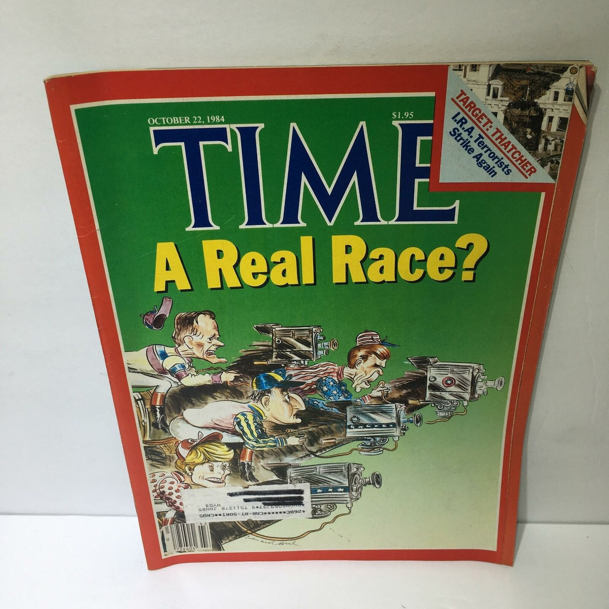 Time Magazine cover from October 22, 1984, titled 'A Real Race?', featuring a cartoon illustration depicting a race with political candidates.