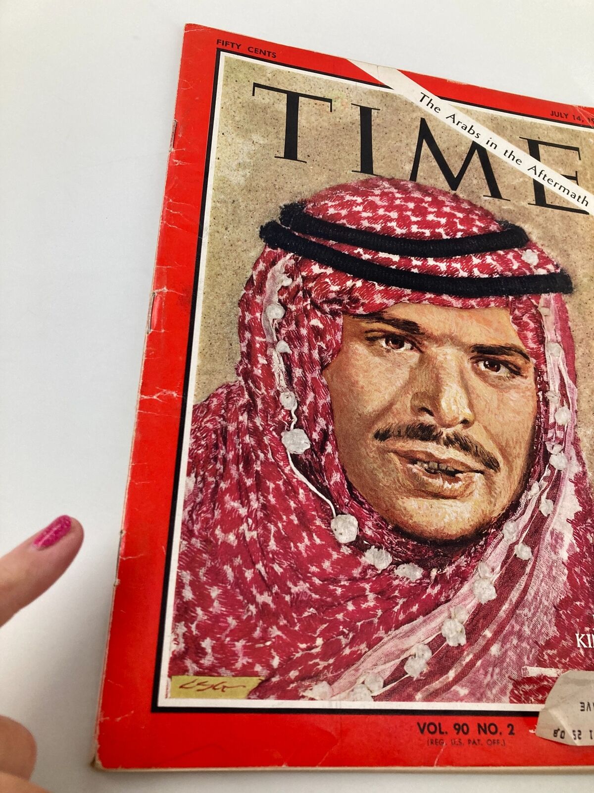 Close-up view of the vintage Time Magazine cover focused on Jordan's King Hussein, dated July 14, 1967, highlighting the title 'The Arabs in the Aftermath'.
