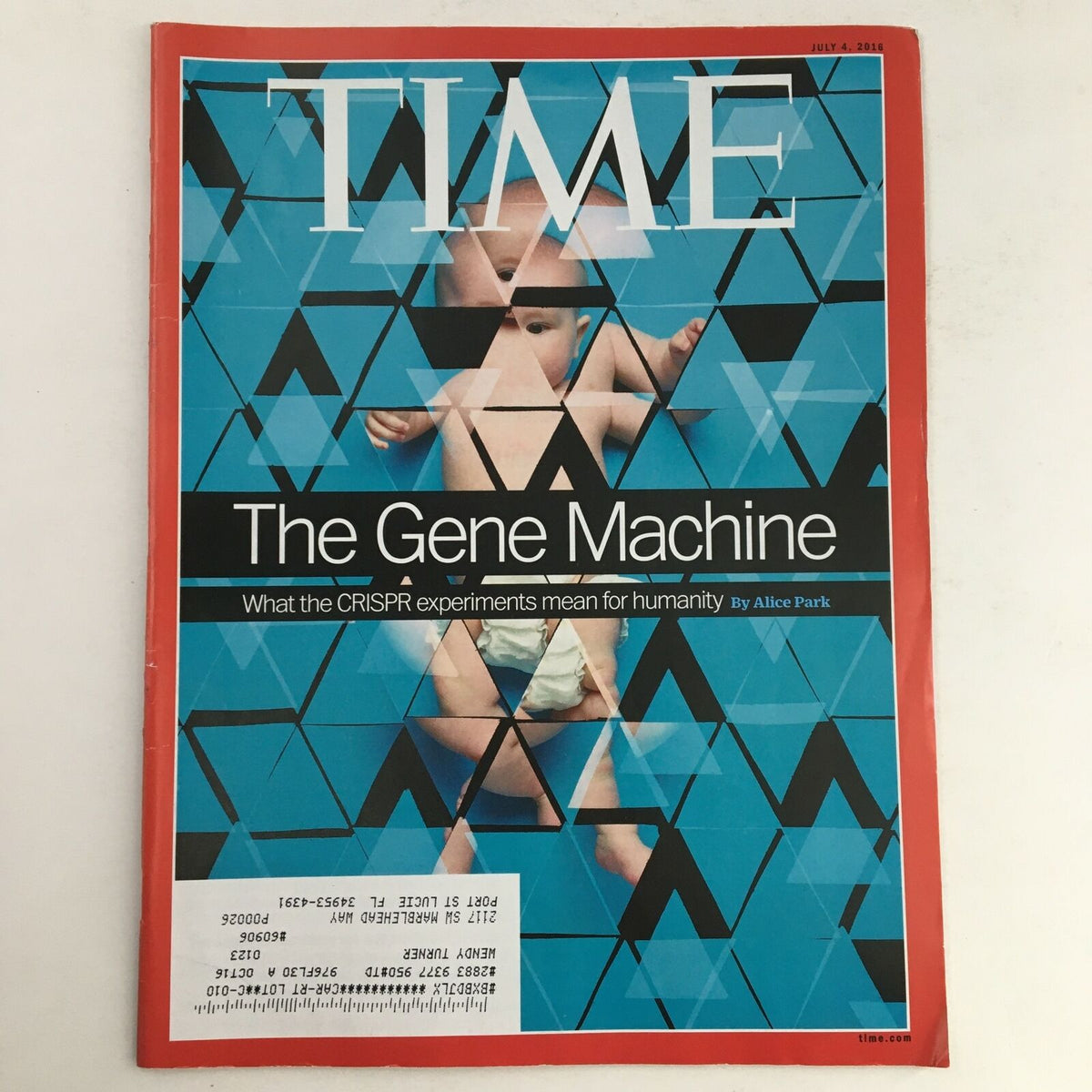 Cover of Time Magazine from July 4, 2016, titled 'The Gene Machine: What the CRISPR Experiments Mean for Humanity' by Alice Park, featuring a baby on a blue and black geometric background.