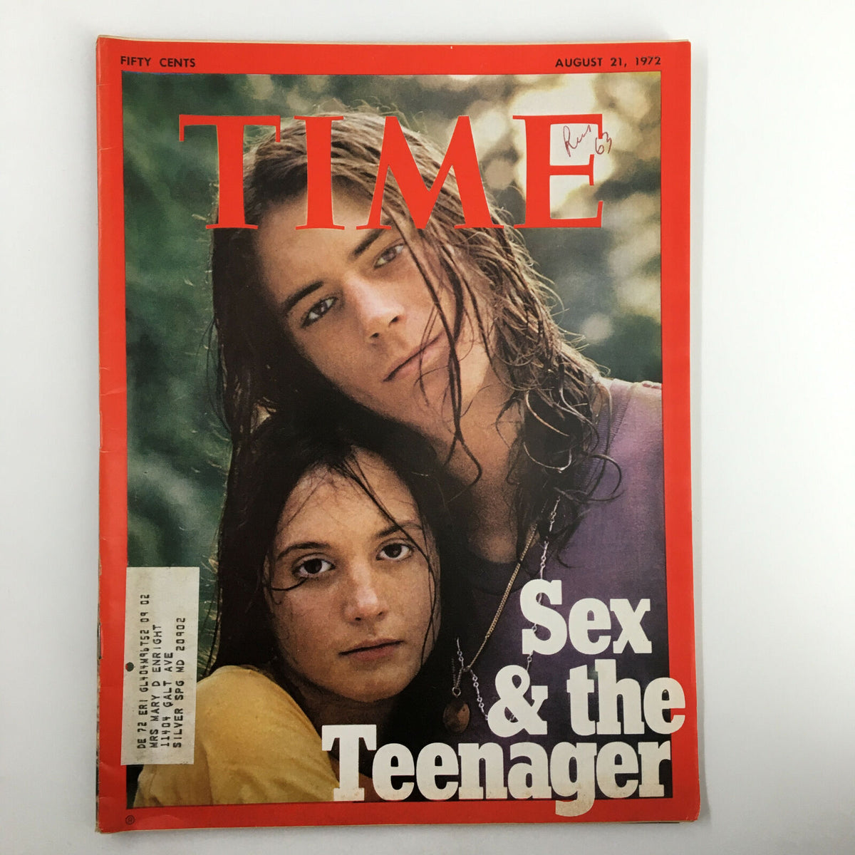Cover of Time Magazine from August 21, 1972, Vol. 100 No. 8 featuring the title 'Sex and the Teenager', portraying two teenagers with long hair, reflecting the cultural issues of teenage sexuality in the early 1970s.