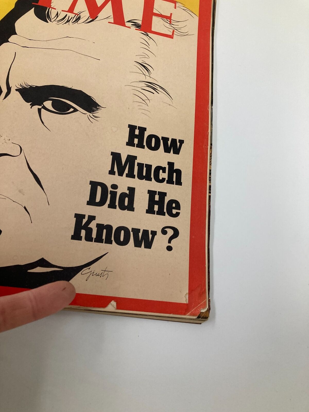 Close-up view of the VTG Time Magazine May 14 1973 cover showing the bold text 'How Much Did He Know?' and a finger pointing at the artist's signature.