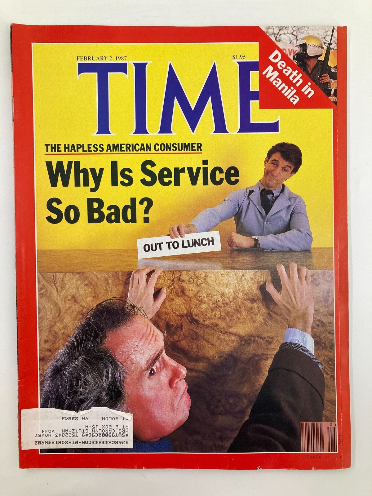 Cover of VTG Time Magazine from February 2, 1987, titled 'The Hapless American Consumer: Why Is Service So Bad?', featuring a consumer looking perplexed and a service worker holding a sign that says 'OUT TO LUNCH'.