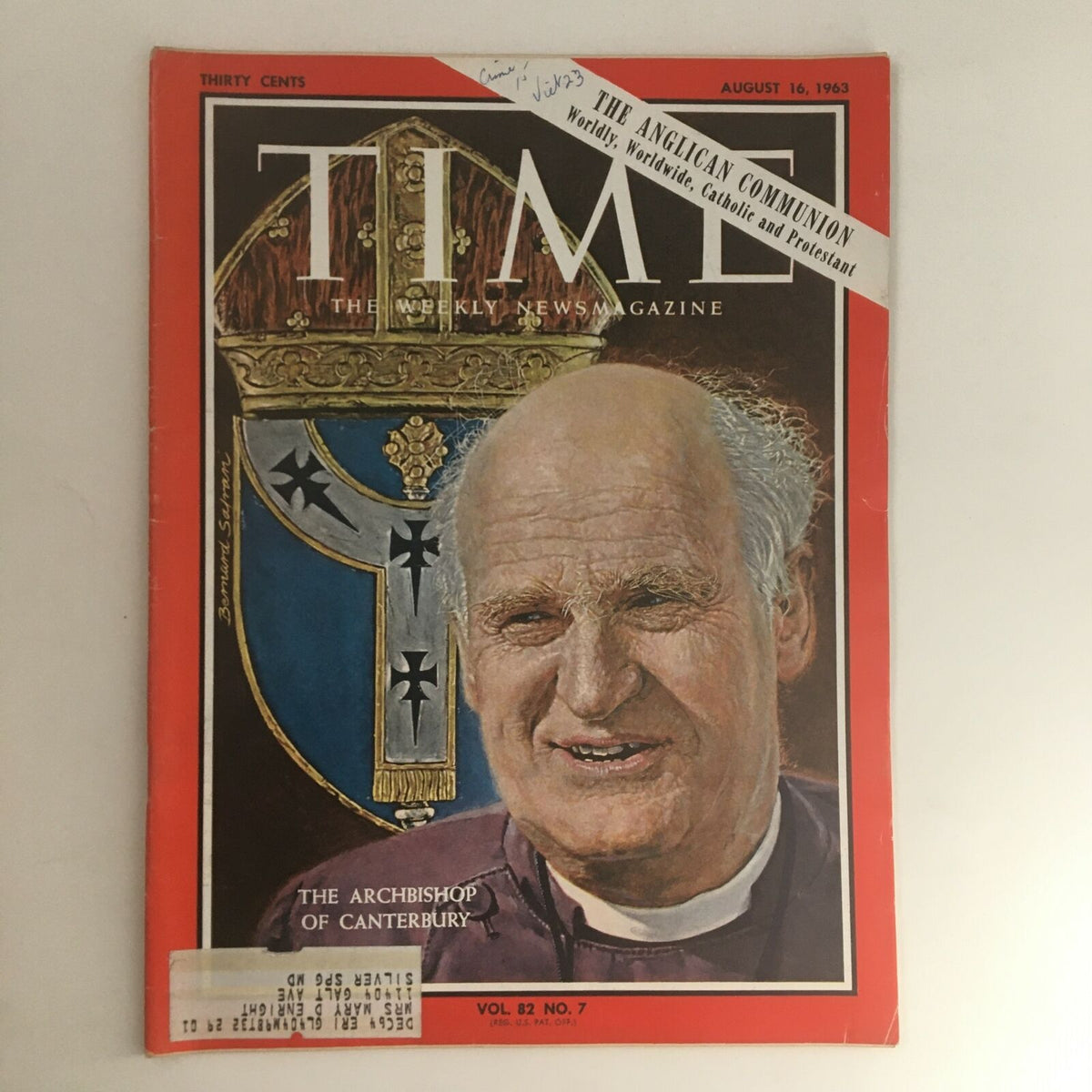 Time Magazine August 16 1963 Vol. 82 No. 7 featuring a portrait of Archbishop Michael Ramsey, highlighting the Anglican Communion, with vintage design elements and magazine details.