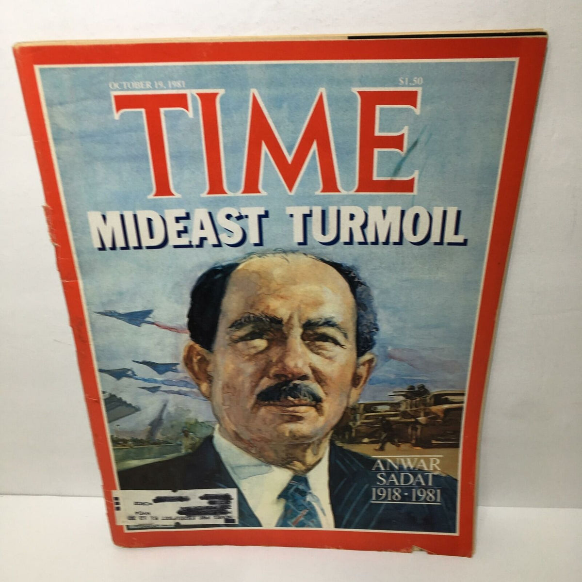 Time Magazine cover from October 19, 1981, featuring the title 'Mideast Turmoil' and a portrait of Anwar Sadat, marking his legacy from 1918 to 1981.
