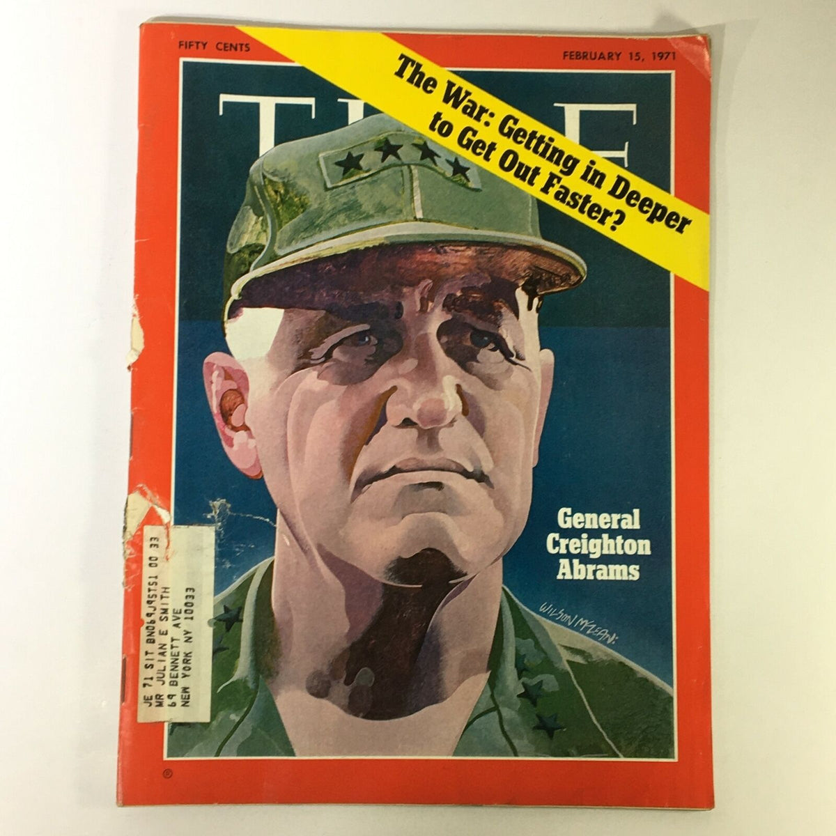 Vintage Time Magazine cover from February 15, 1971, featuring General Creighton Abrams with a headline about the Vietnam War.