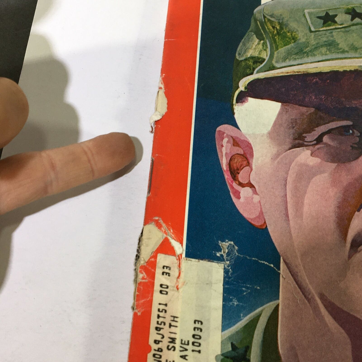 Close-up of the Vintage Time Magazine cover showing the edge wear and address label, focusing on General Creighton Abrams from the February 15, 1971 issue.