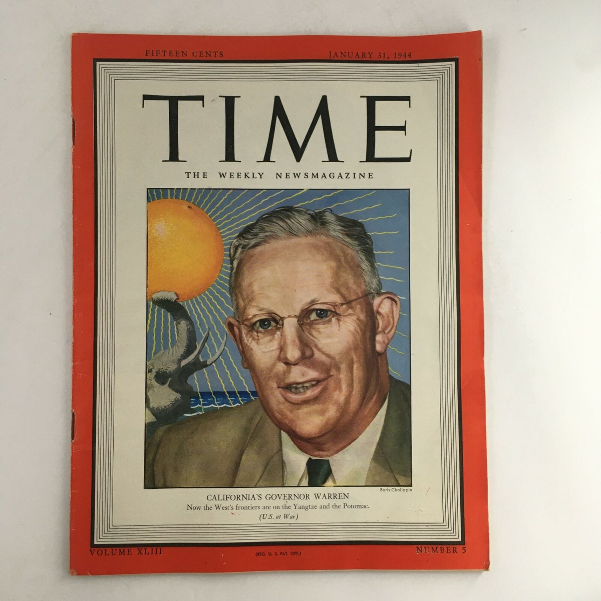 Cover of Time Magazine dated January 31, 1944, featuring Former Governor Earl Warren of California, Vol 43 No 5, showcasing vibrant colors and artistic design.