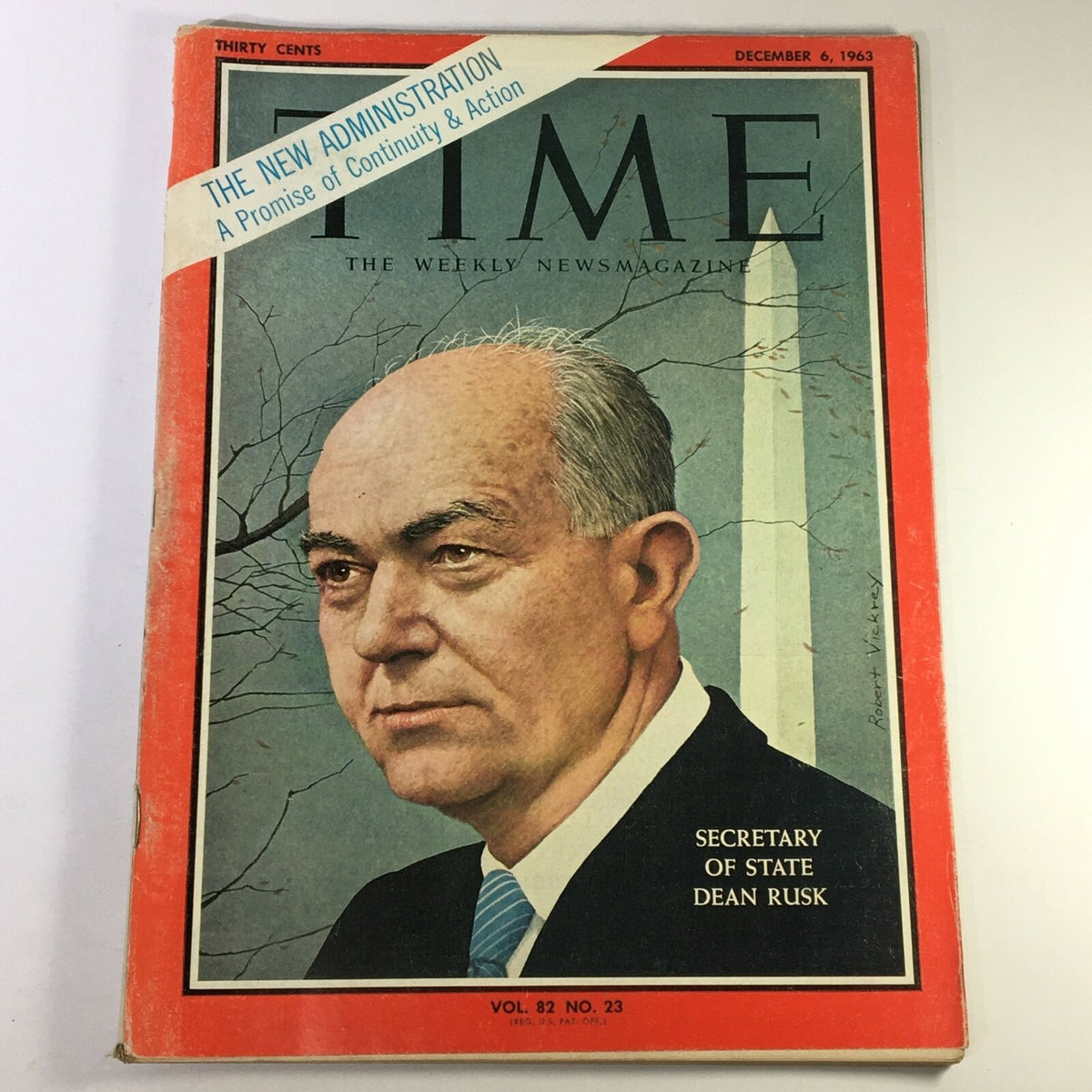 Cover of the vintage Time Magazine from December 6, 1963, featuring Secretary of State Dean Rusk with a focus on the article 'The New Administration: A Promise of Continuity & Action.' This iconic issue highlights significant historical events and reflections of the era.