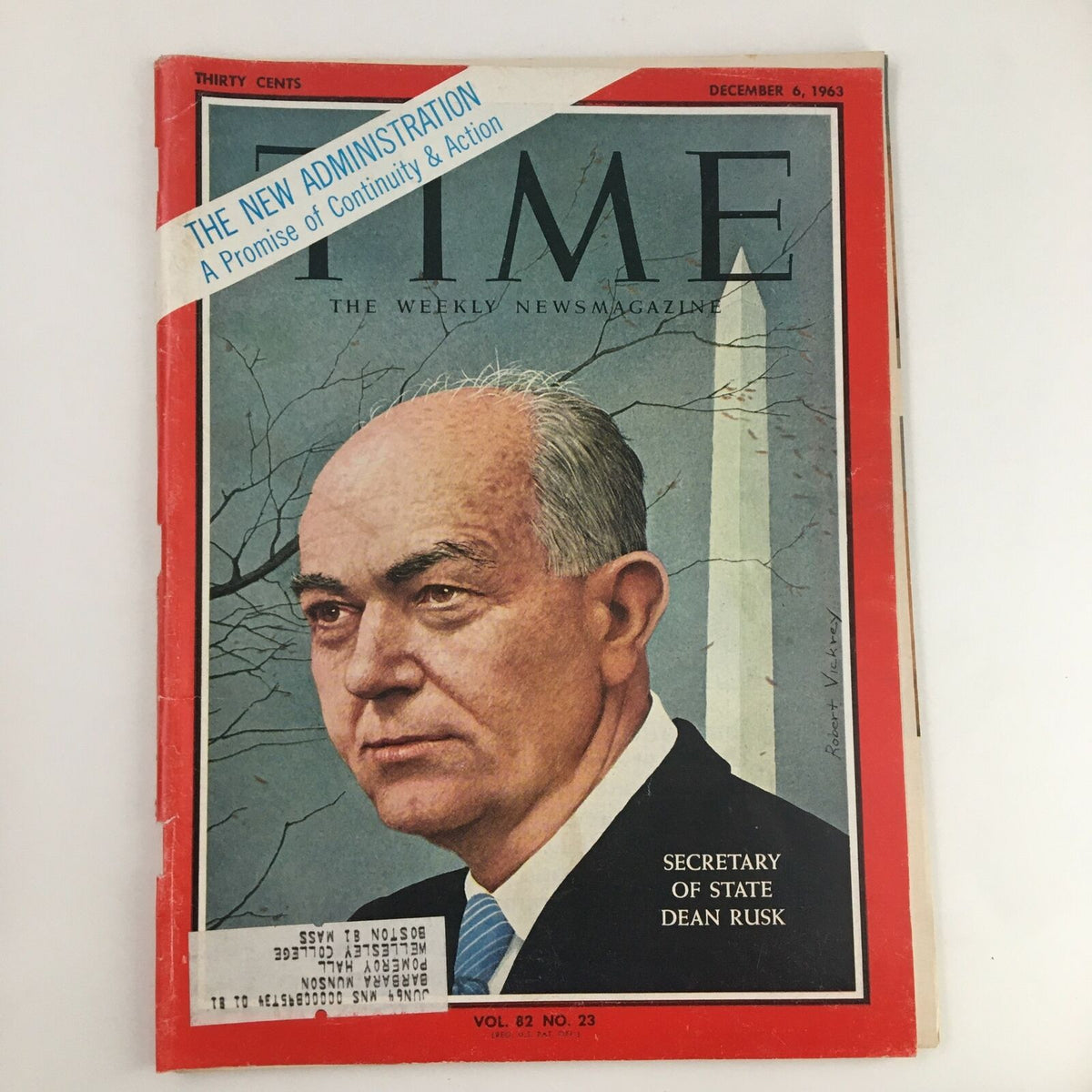 Vintage Time Magazine from December 6, 1963, featuring Secretary of State Dean Rusk on the cover, Volume 82, No. 23. The magazine showcases historical significance with its portrayal of Rusk and relevant themes of the 1960s.