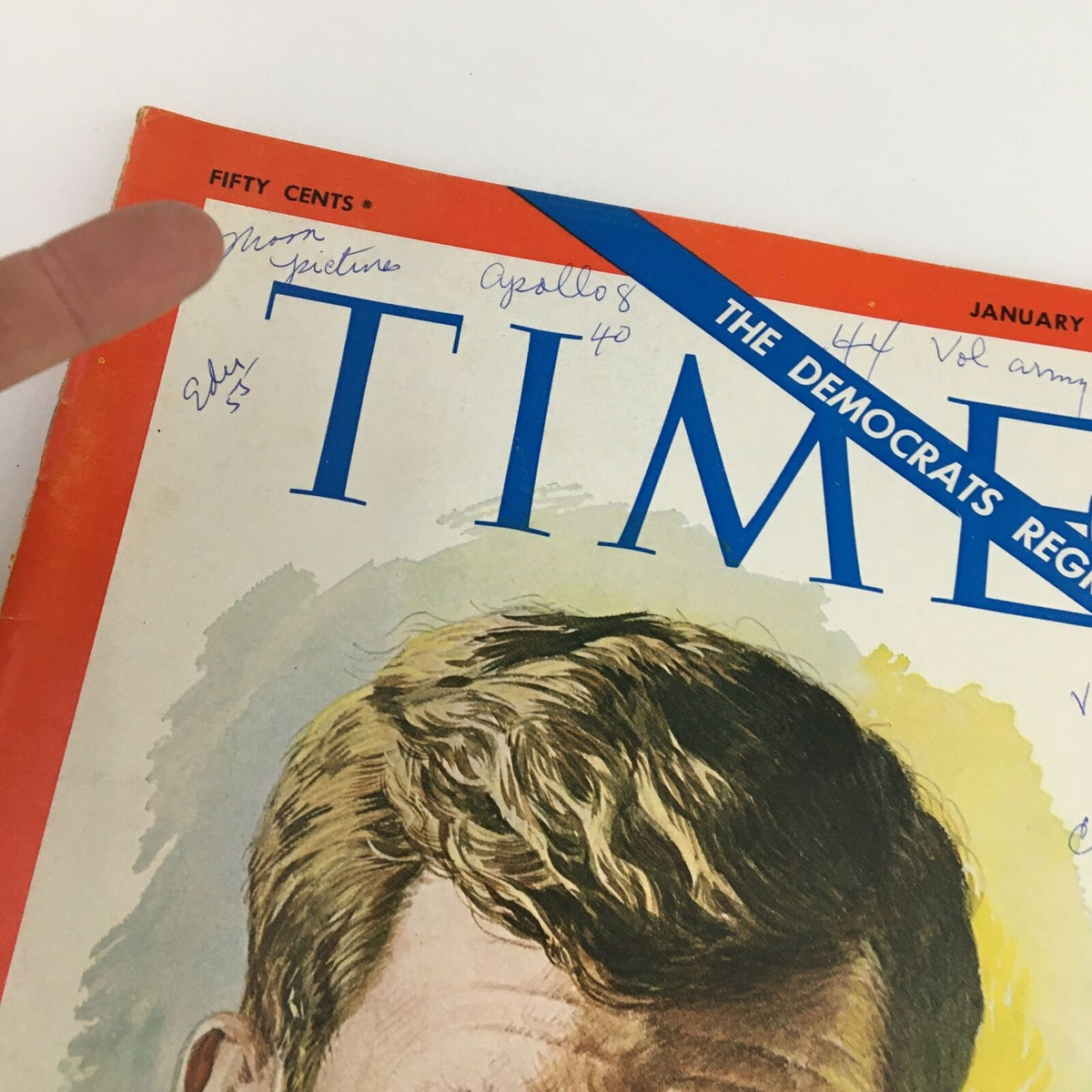 Close-up of the Time Magazine January 10, 1969 cover featuring Senator Edward Kennedy, showcasing scribbled notes and annotations along the top.