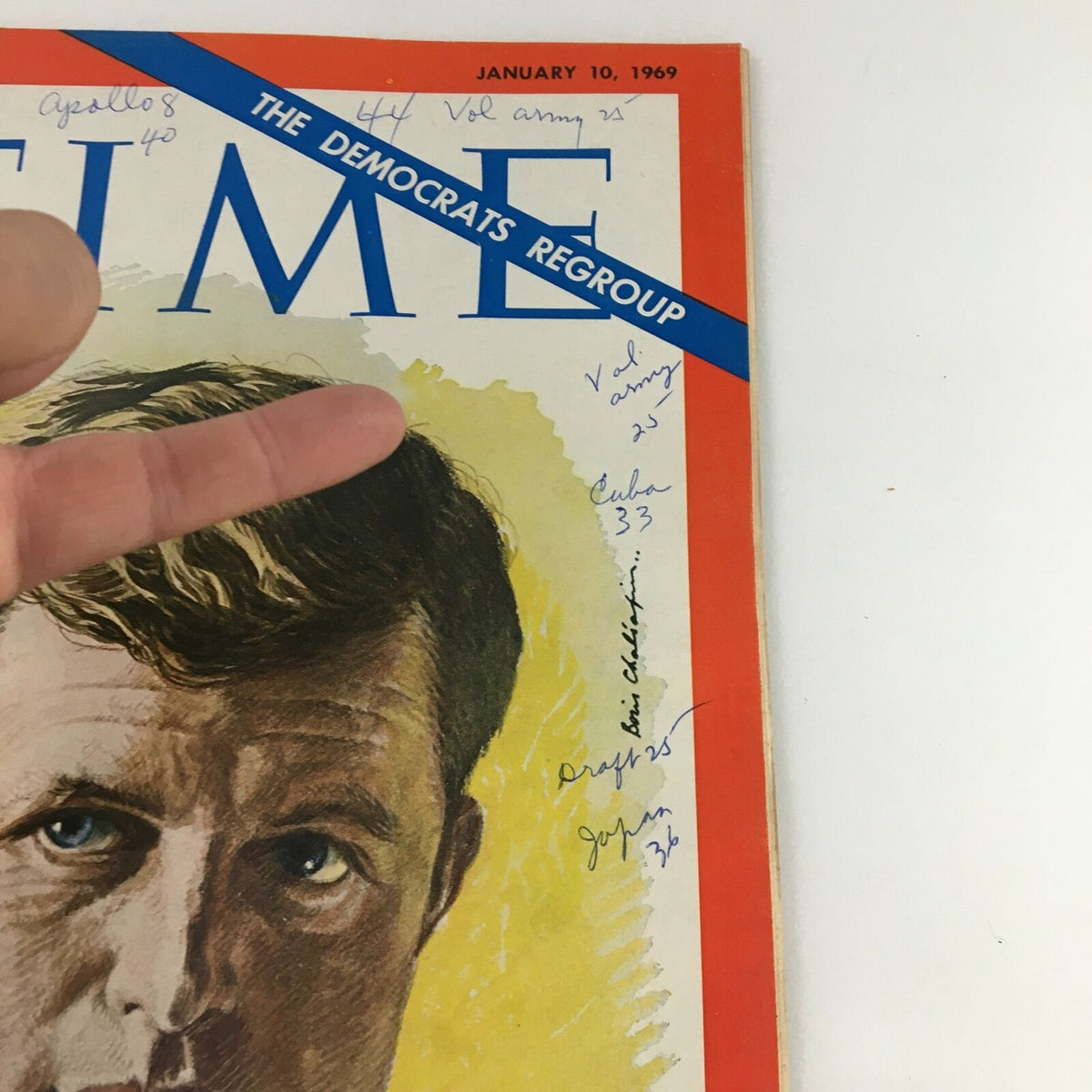 Detailed view of the Time Magazine January 10, 1969 cover with Senator Edward Kennedy, highlighting handwritten notes and markings on the cover.