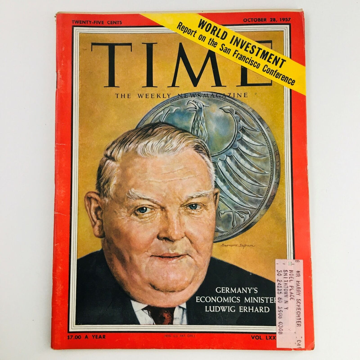 Time Magazine from October 28, 1957, featuring Germany's Economic Minister Ludwig Erhard on the cover. The magazine highlights Erhard's economic policies and the post-war recovery in Europe.