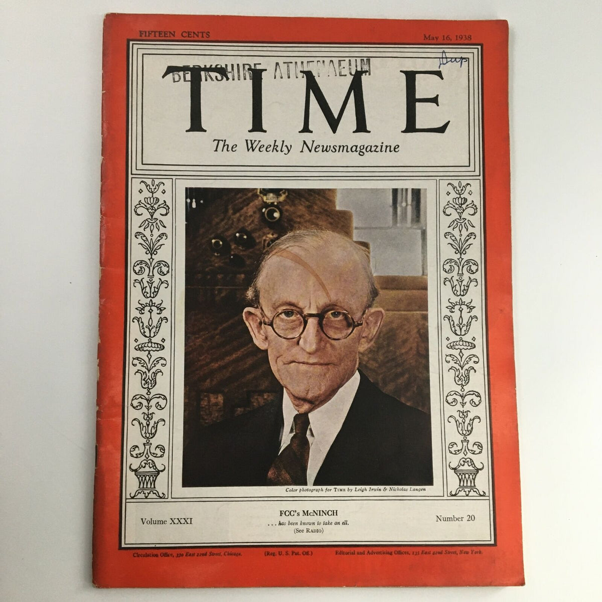 Time Magazine May 16 1938 cover featuring FCC Chairman Frank R. McNinch, Volume 31, Number 20, showcasing historical significance in American politics.