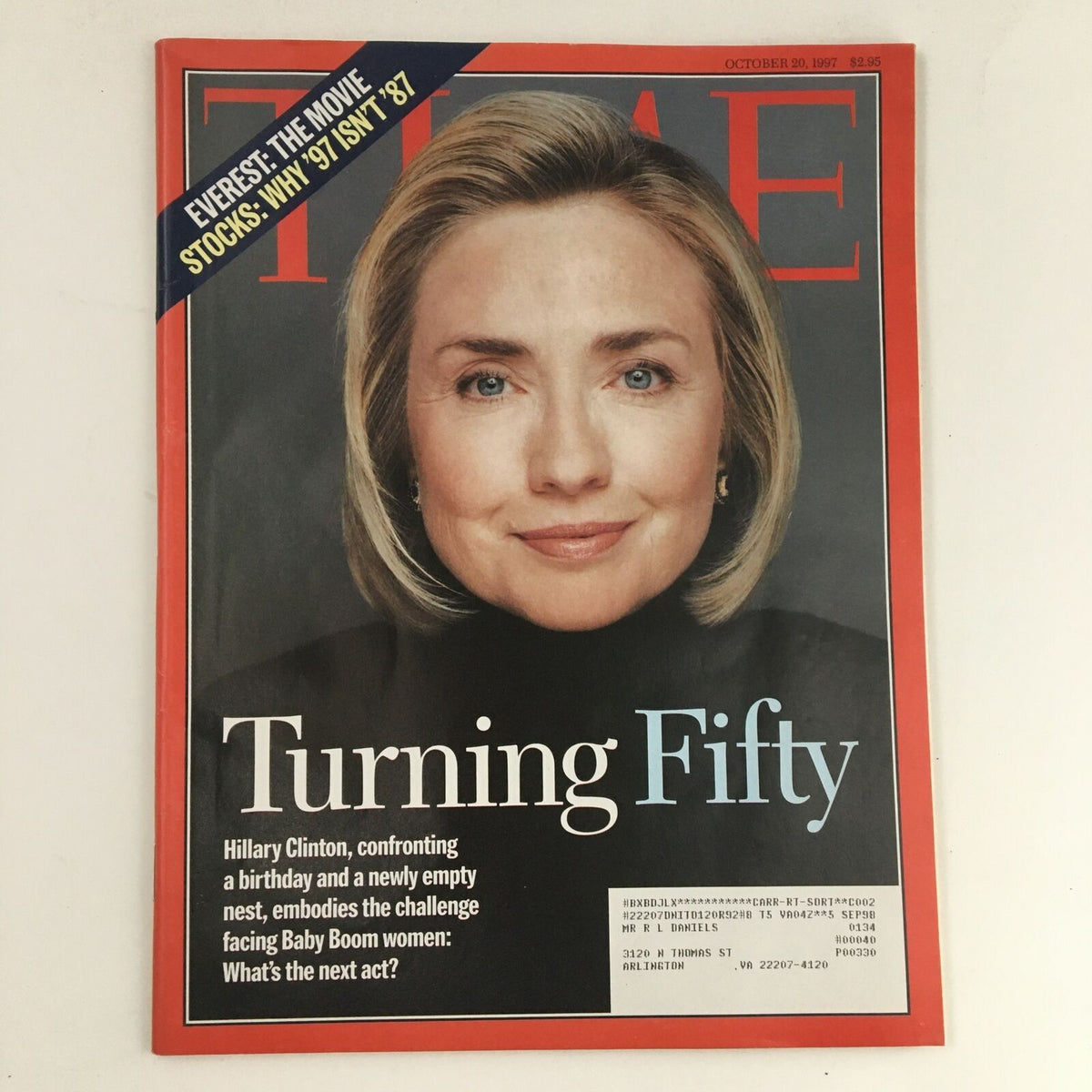 Time Magazine October 20 1997 cover featuring Hillary Clinton celebrating her fiftieth birthday. The cover highlights her portrait with the title 'Turning Fifty' and discusses challenges faced by Baby Boom women.