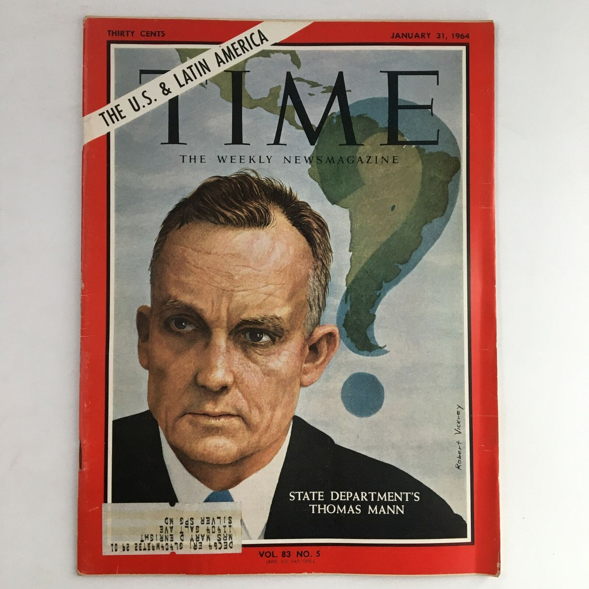 Cover of Time Magazine from January 31, 1964, Volume 83, Number 5, featuring Thomas Mann of the State Department. The magazine highlights U.S. and Latin America relations with a colorful map design.