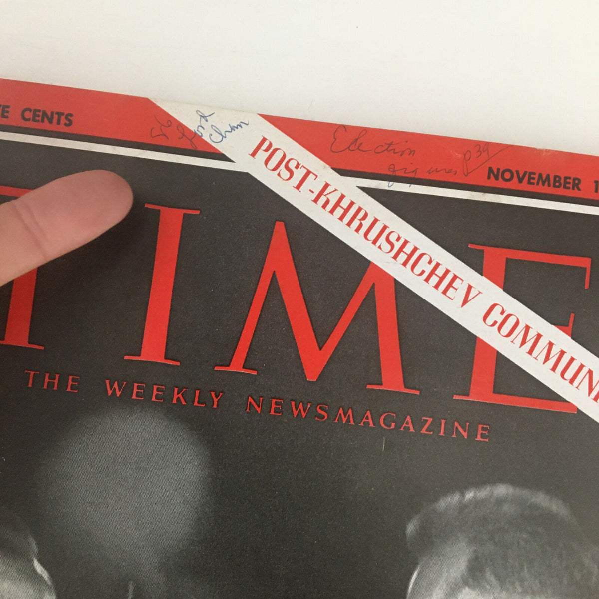Close-up of Time Magazine cover from November 13, 1964, showing the post-Khrushchev communism label and handwritten notes.