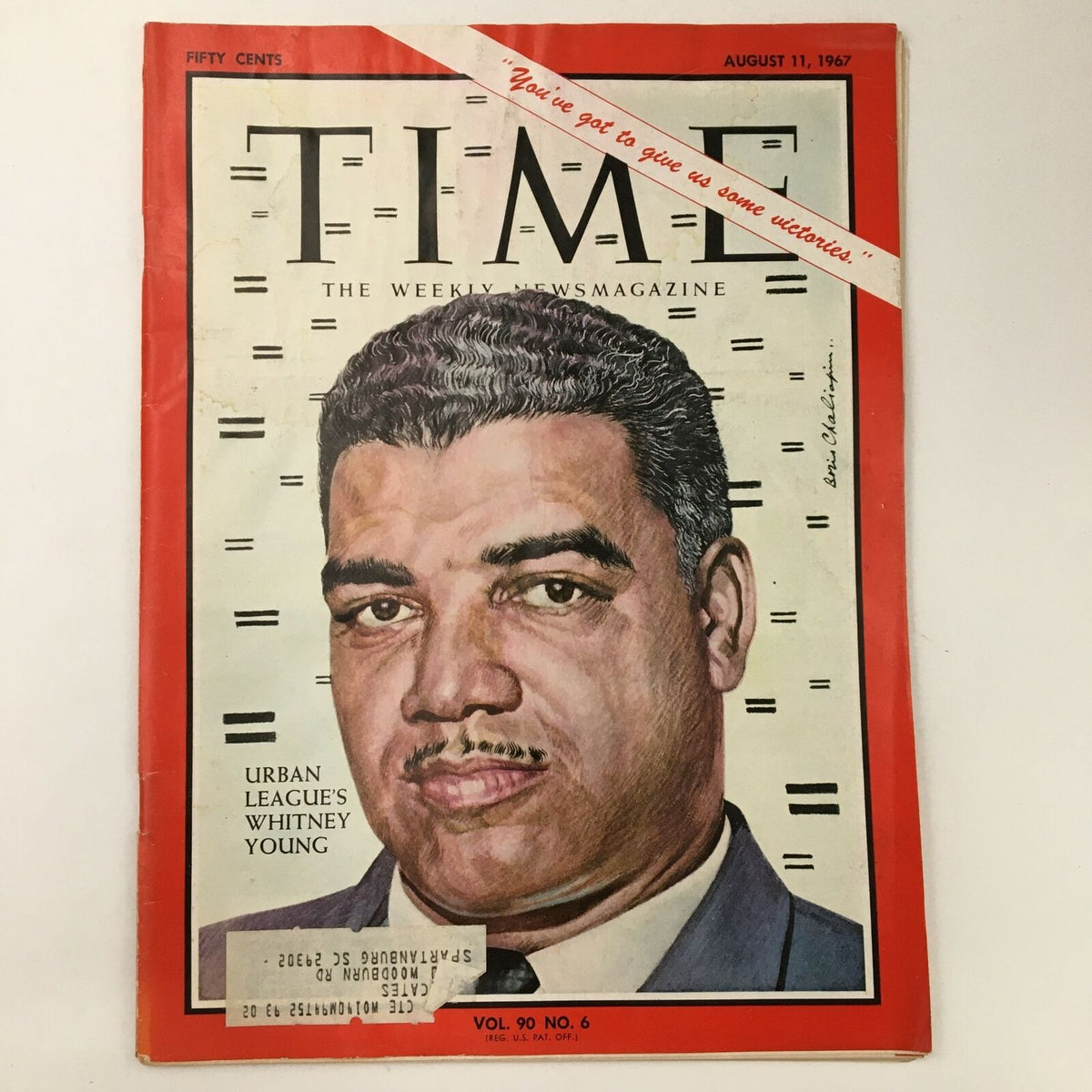 Cover of Time Magazine, August 11 1967, Vol. 90 No. 6 featuring Urban League's Whitney Young. Includes the quote 'You've got to give us some victories.' Vintage collectible with address label.